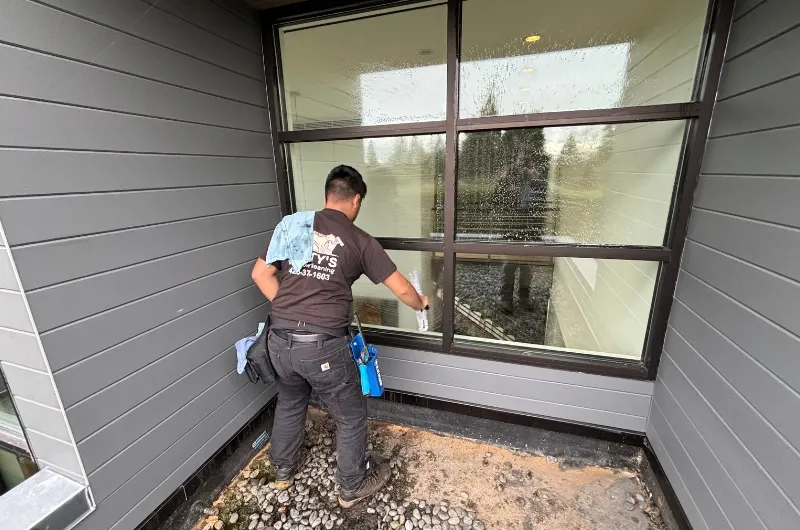 Rusty's Window Cleaning technician cleaning windows on a Lake Stevens home